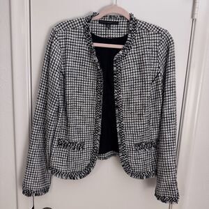 Womens Medium White House Black Market Houndstooth Boucle Tweed Jacket B/W